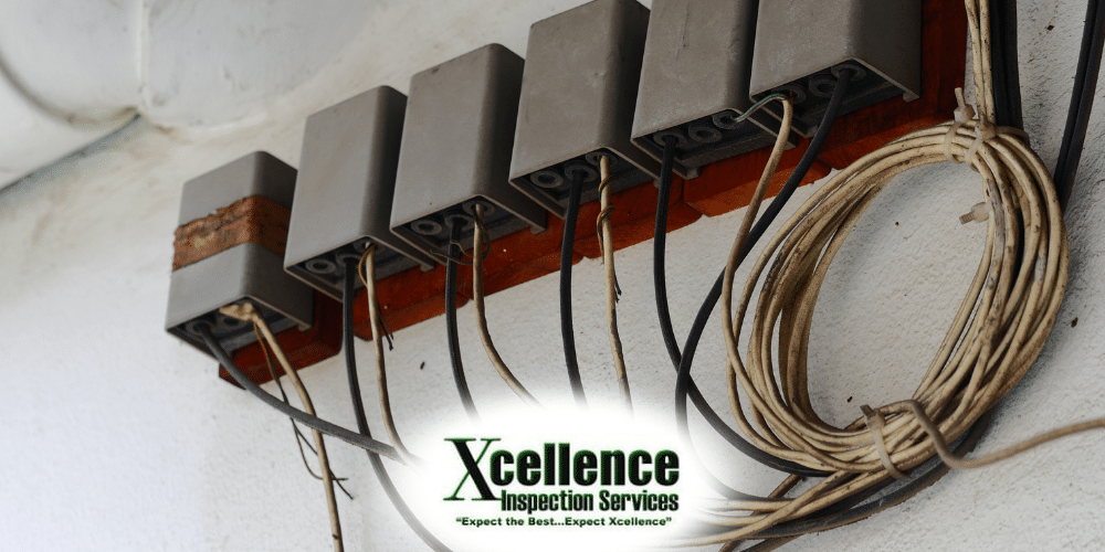 Older electrical junction boxes mounted on a basement wall with exposed wiring in a Chicago-area home