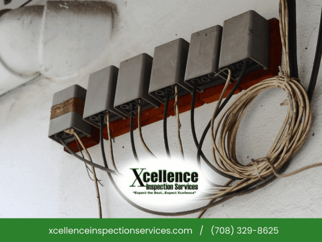 Older electrical junction boxes mounted on a basement wall with exposed wiring in a Chicago-area home